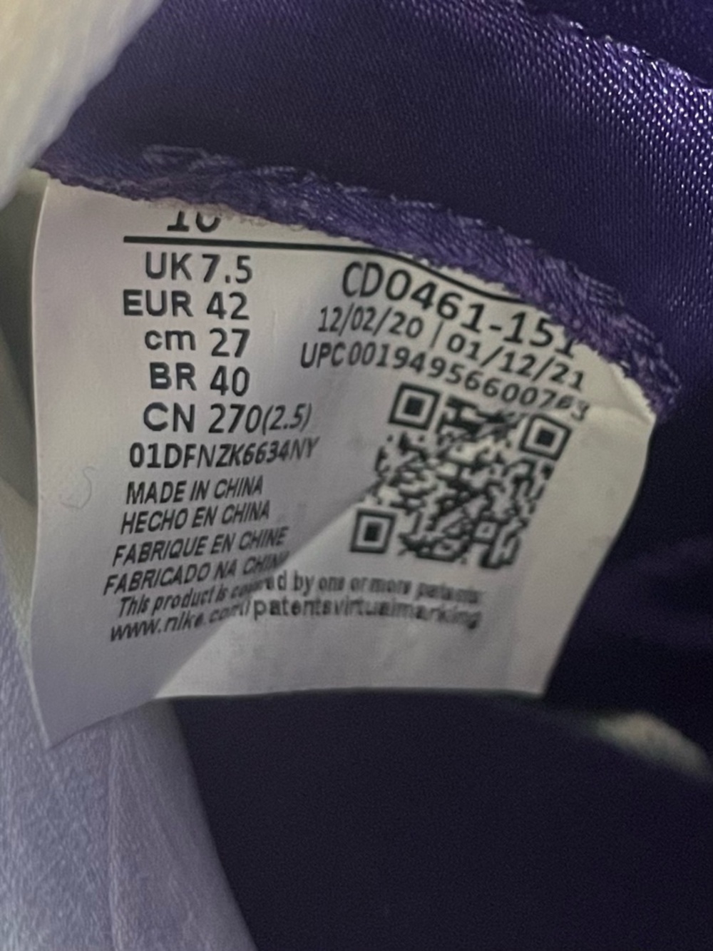 Nike Air Jordan w COA 1 Retro High OG Court Purple Women’s Sz 10 CD0461-151 - Picture 6 of 11